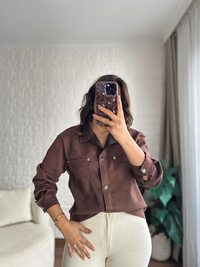 Özel Üretim Süet Over Size Ceket Gömlek Kahverengi