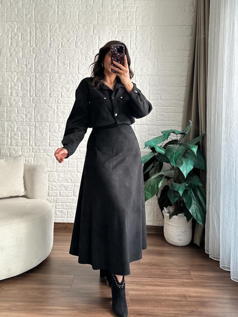 Özel Üretim Süet Over Size Ceket Gömlek Siyah