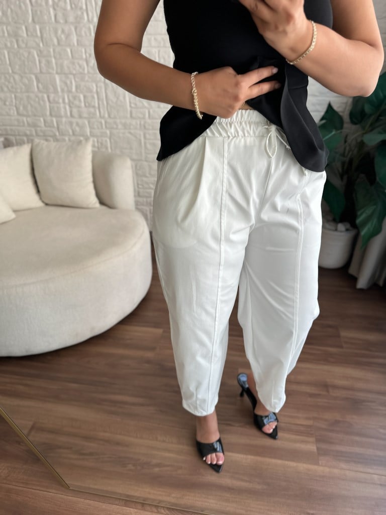 Paça Pens Detay Beli Lastikli Gabardin Şalvar Pantolon