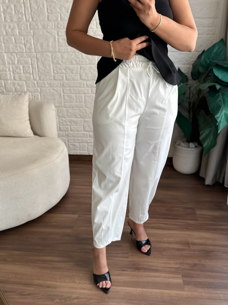 Paça Pens Detay Beli Lastikli Gabardin Şalvar Pantolon