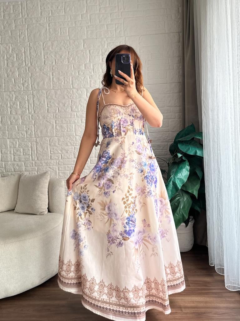 Pastel Lila Çiçek Desenli Göğüs Kuplu Askılı Keten Elbise