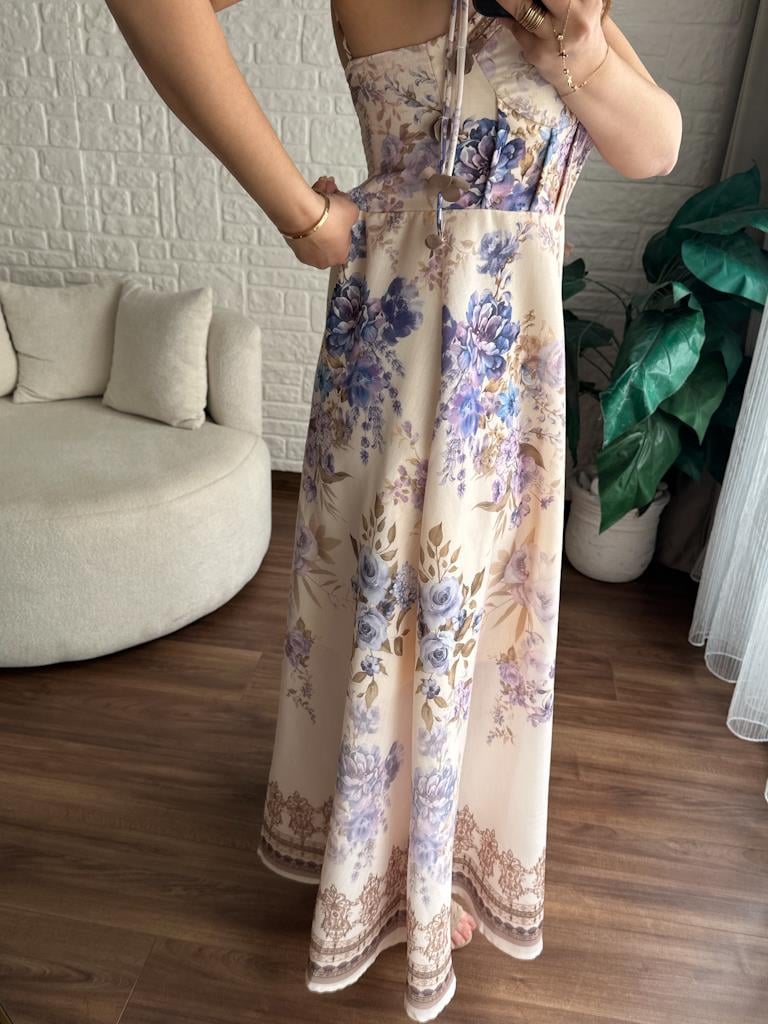 Pastel Lila Çiçek Desenli Göğüs Kuplu Askılı Keten Elbise