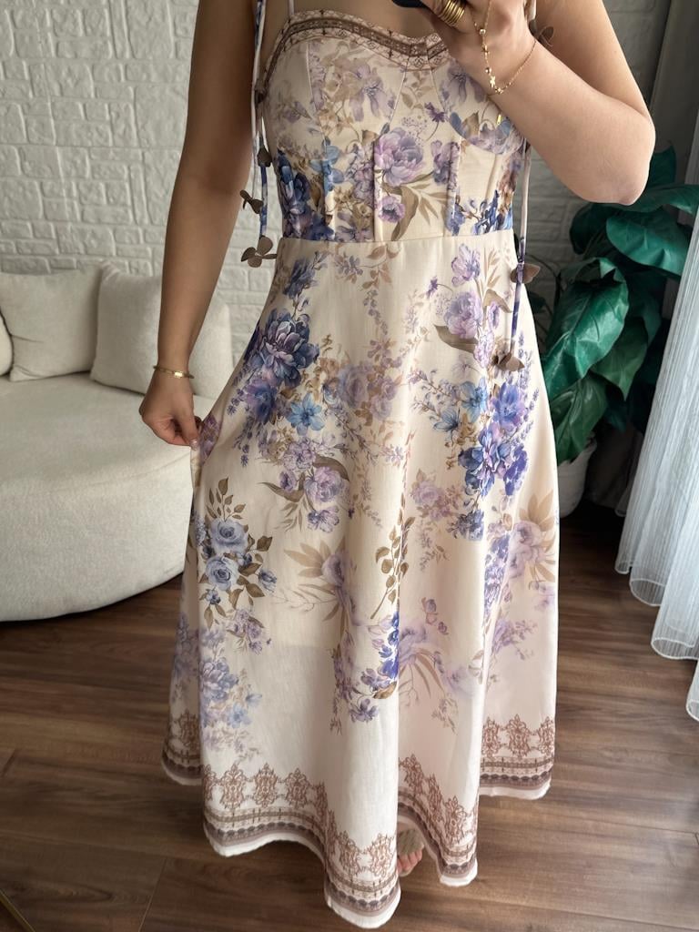 Pastel Lila Çiçek Desenli Göğüs Kuplu Askılı Keten Elbise