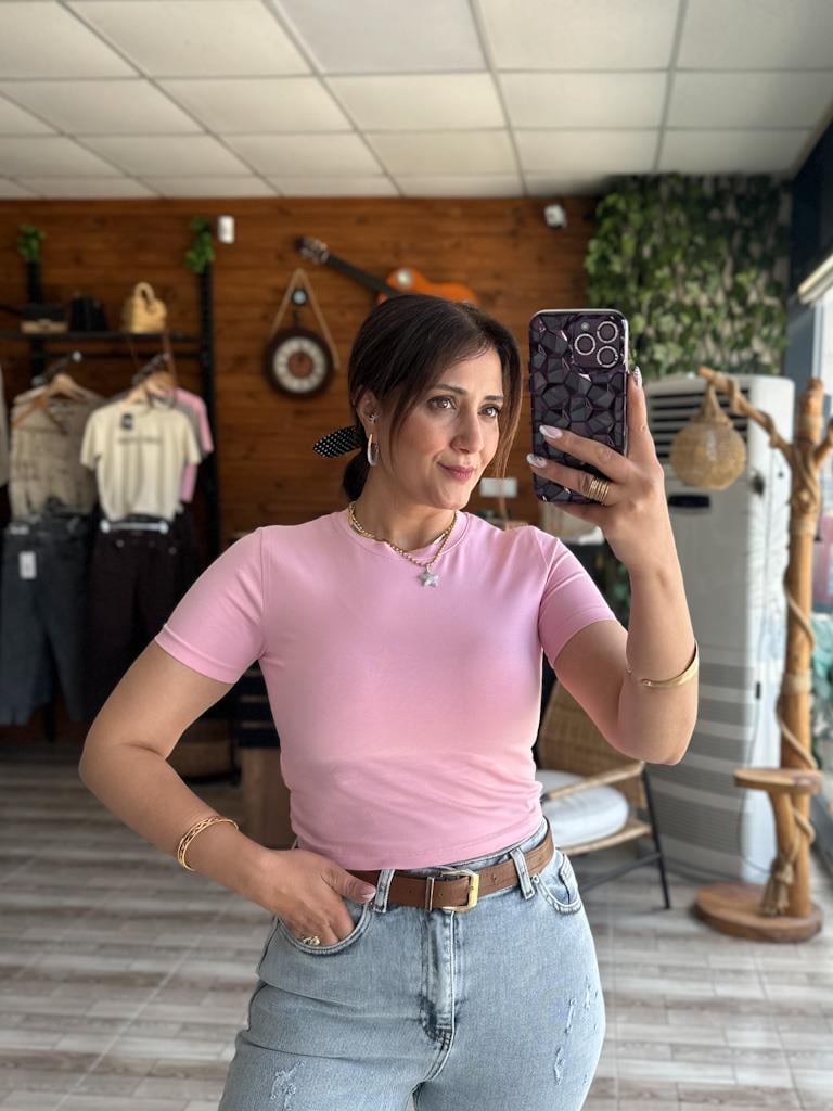 Pembe Bisiklet Yaka Basic  Crop Tişört