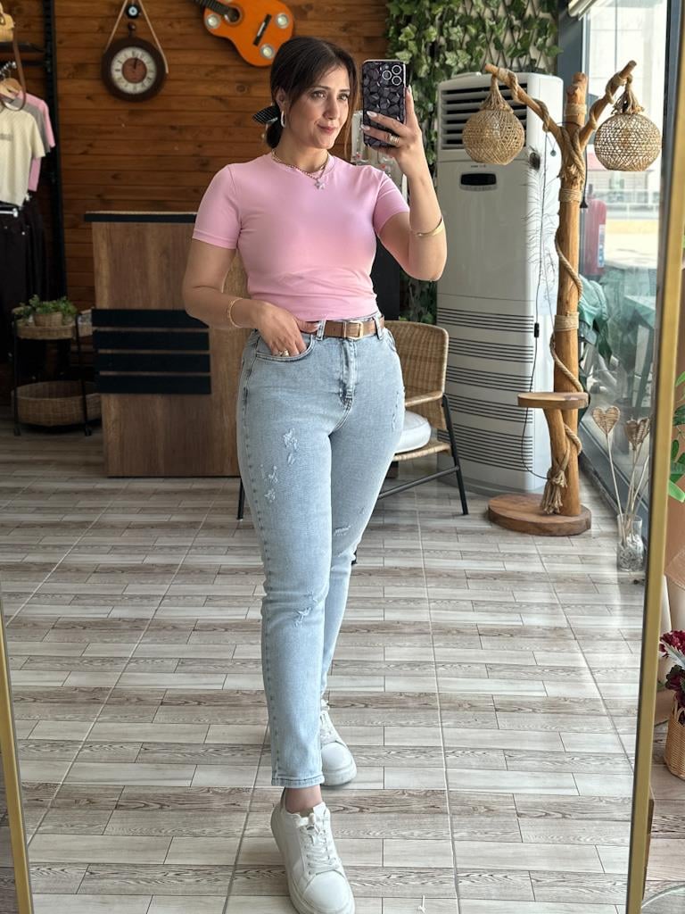 Pembe Bisiklet Yaka Basic  Crop Tişört