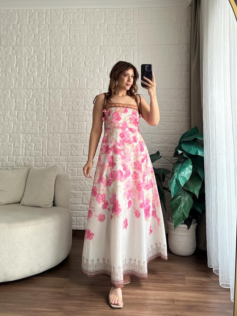 Pembe Çiçekli Askı Detaylı Keten Maxi Elbise