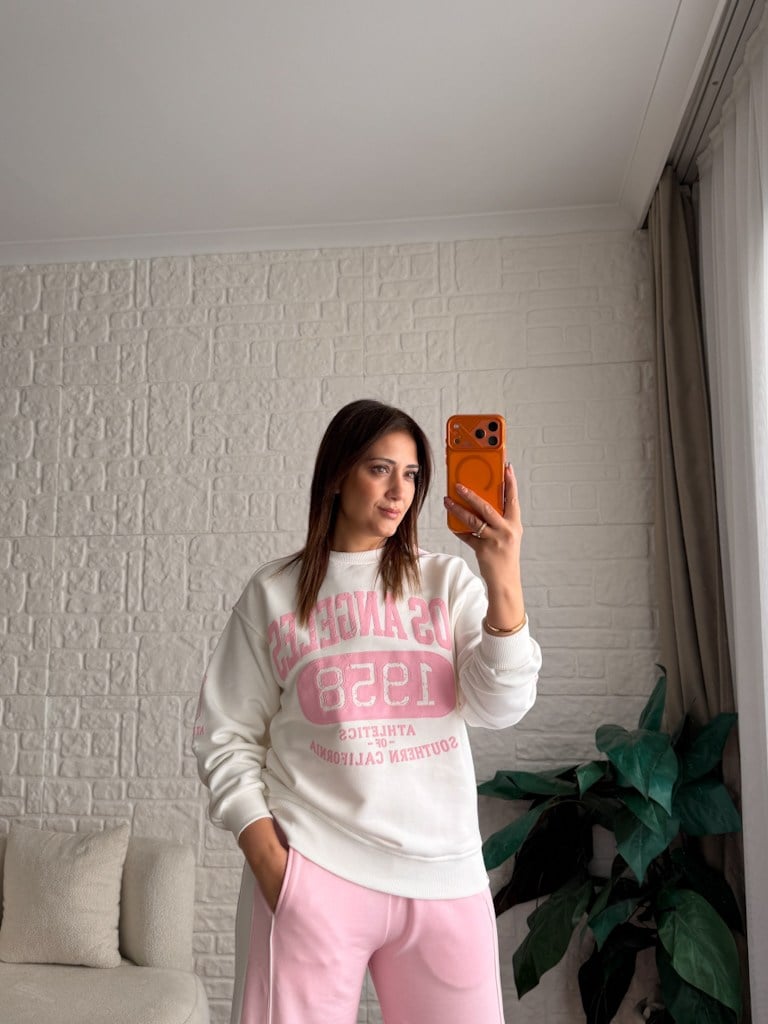 Pembe Ekru Los Angeles Baskılı İki İplik Pamuk Sweat