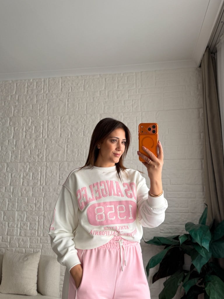 Pembe Ekru Los Angeles Baskılı İki İplik Pamuk Sweat