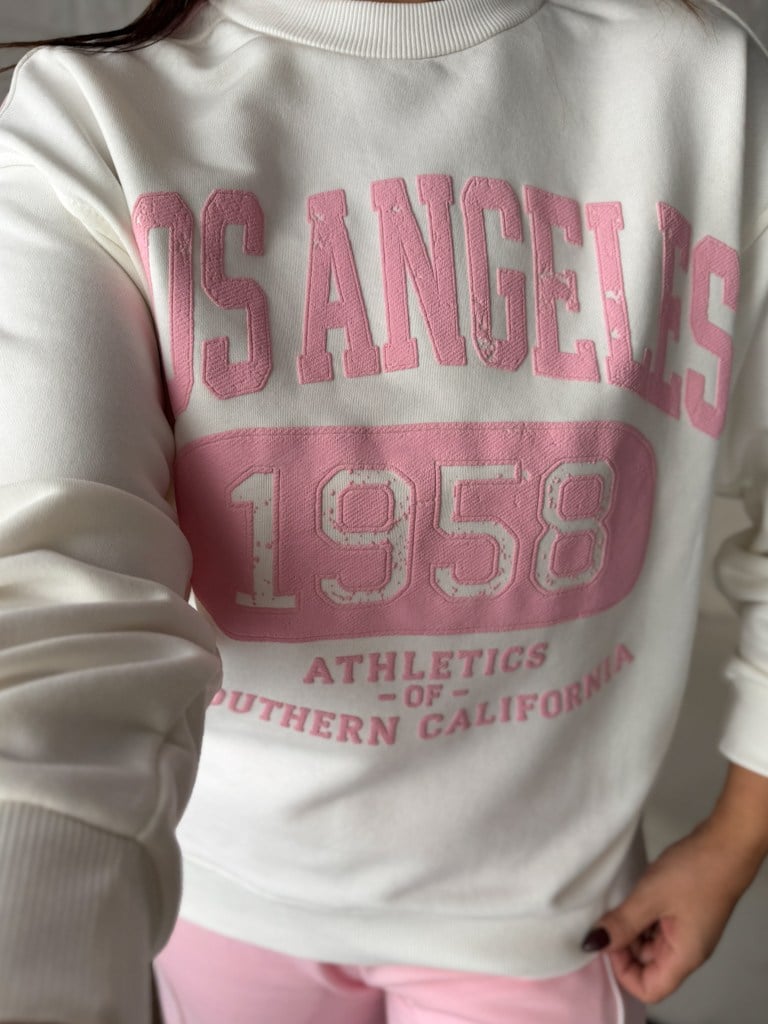 Pembe Ekru Los Angeles Baskılı İki İplik Pamuk Sweat