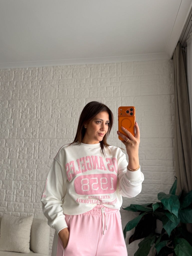 Pembe Ekru Los Angeles Baskılı İki İplik Pamuk Sweat