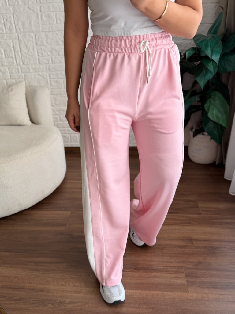 Pembe Ekru Şeritli İki İplik Pamuk Eşofman Altı