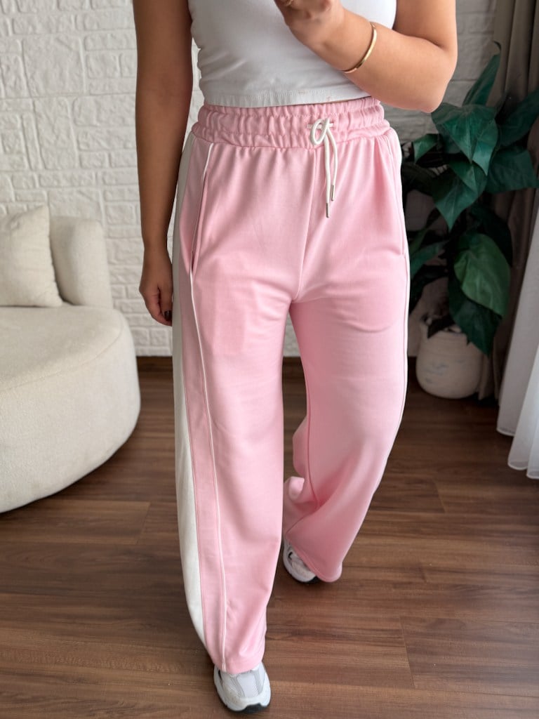 Pembe Ekru Şeritli İki İplik Pamuk Eşofman Altı
