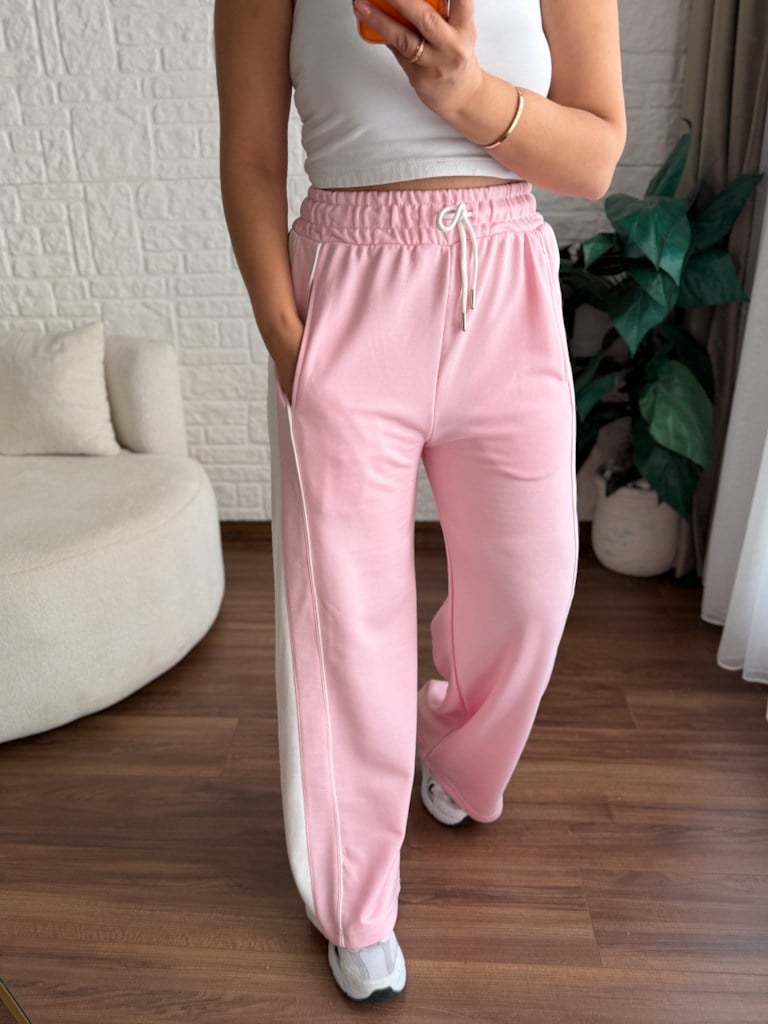 Pembe Ekru Şeritli İki İplik Pamuk Eşofman Altı