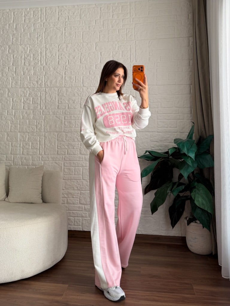 Pembe Ekru Şeritli İki İplik Pamuk Eşofman Altı