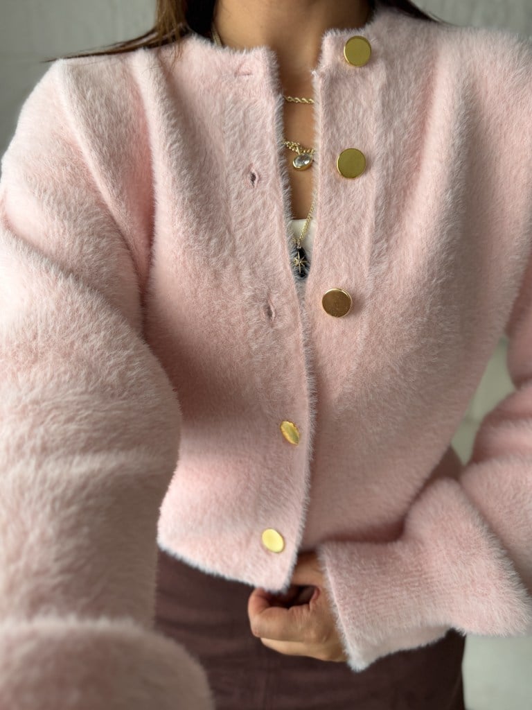 Pembe Gold Düğmeli Yumoş Triko Hırka
