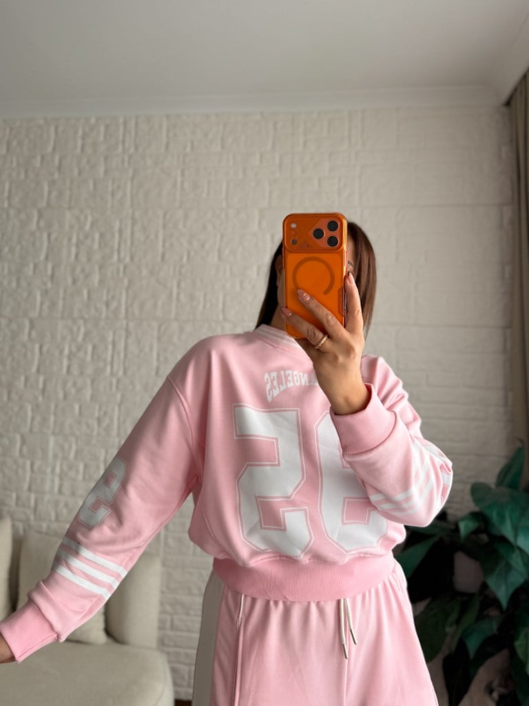 Pembe Los Angeles Baskılı İki İplik Pamuk Crop Sweat