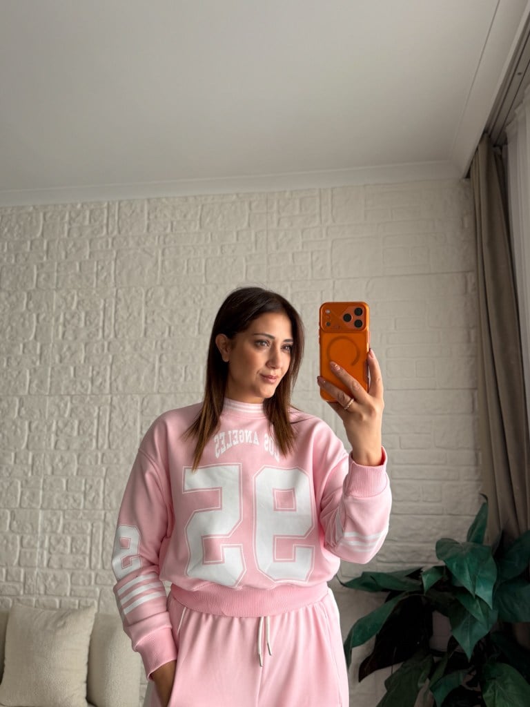 Pembe Los Angeles Baskılı İki İplik Pamuk Crop Sweat