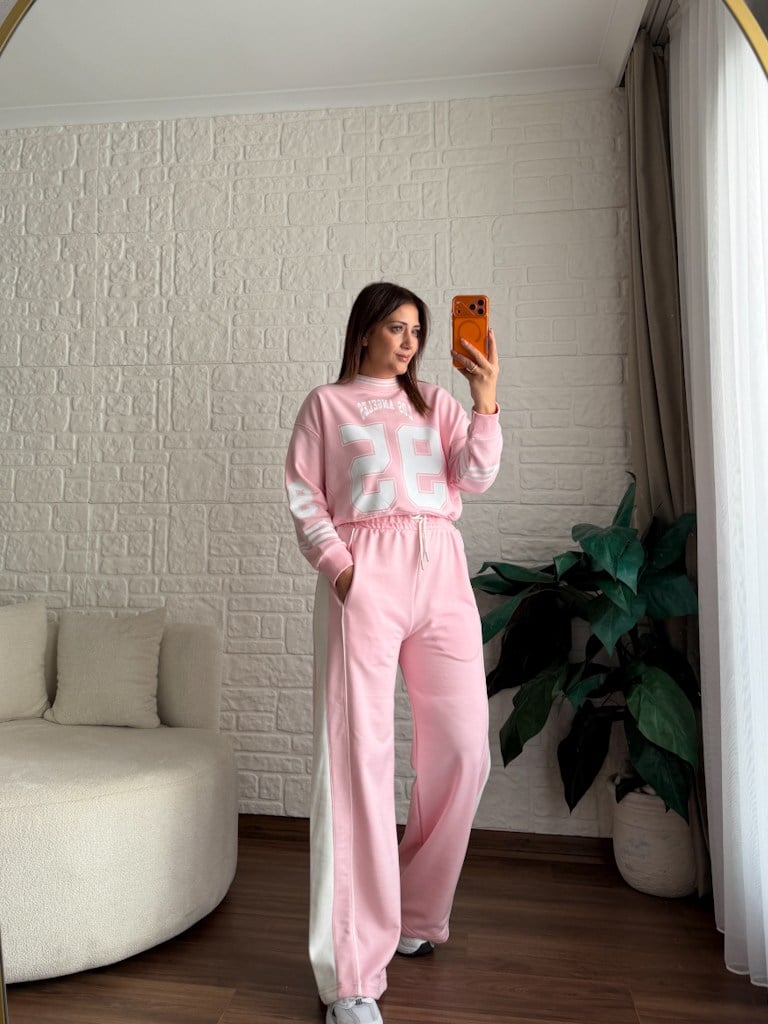 Pembe Los Angeles Baskılı İki İplik Pamuk Crop Sweat