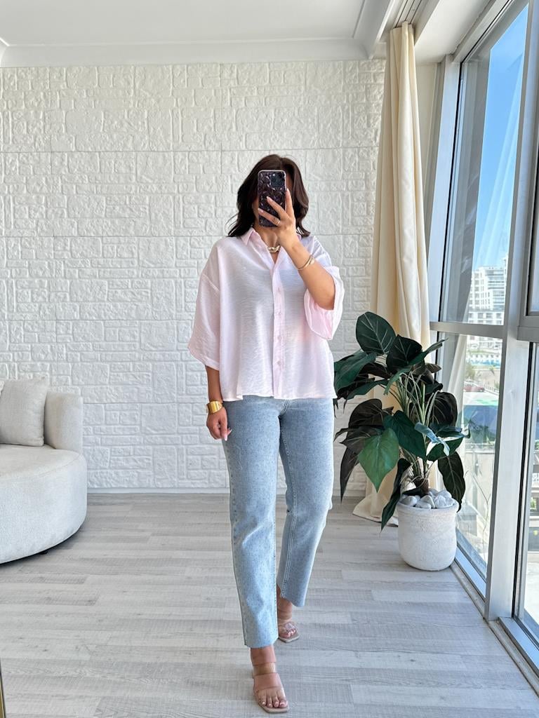 Pembe Oversize Kısa Kol Transparan Tül Gömlek