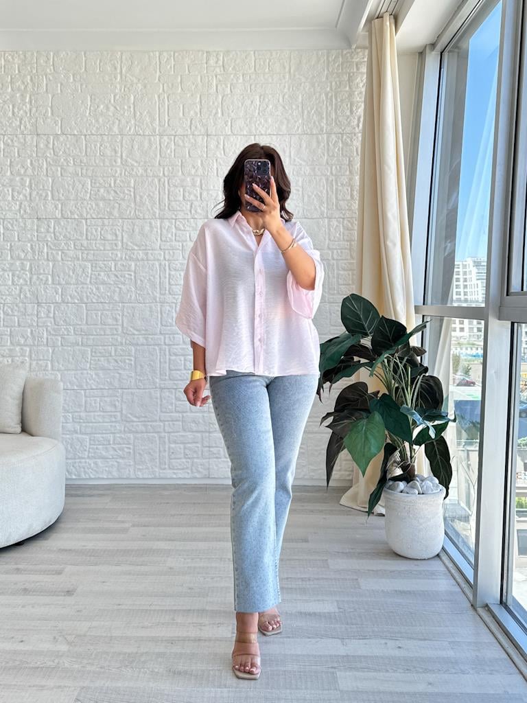 Pembe Oversize Kısa Kol Transparan Tül Gömlek