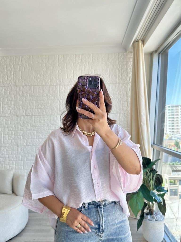 Pembe Oversize Kısa Kol Transparan Tül Gömlek