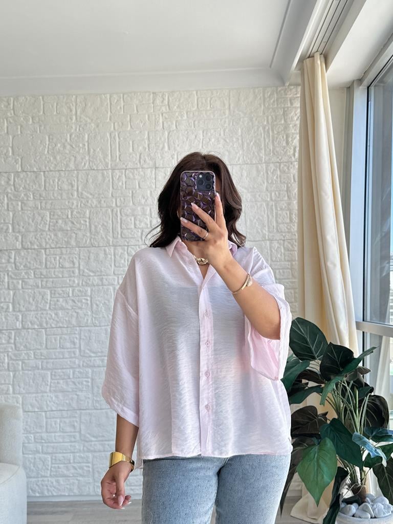 Pembe Oversize Kısa Kol Transparan Tül Gömlek