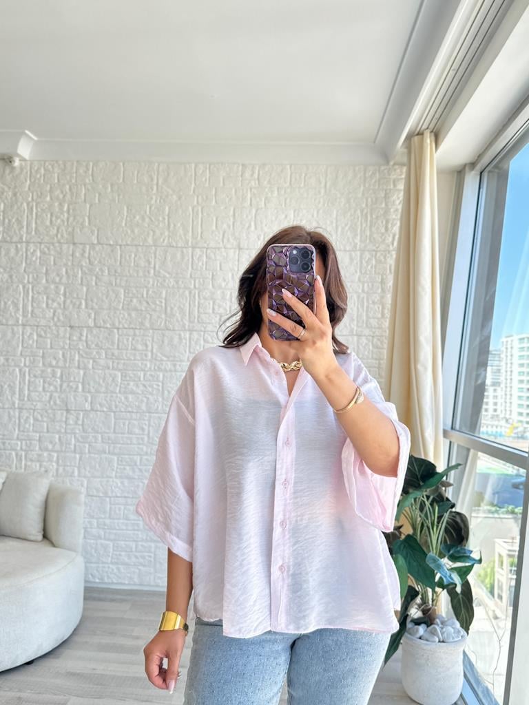 Pembe Oversize Kısa Kol Transparan Tül Gömlek