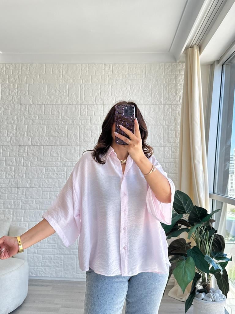 Pembe Oversize Kısa Kol Transparan Tül Gömlek