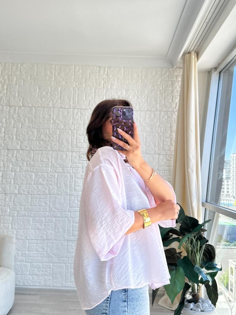 Pembe Oversize Kısa Kol Transparan Tül Gömlek