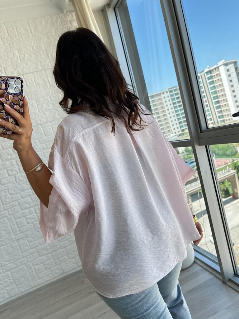 Pembe Oversize Kısa Kol Transparan Tül Gömlek