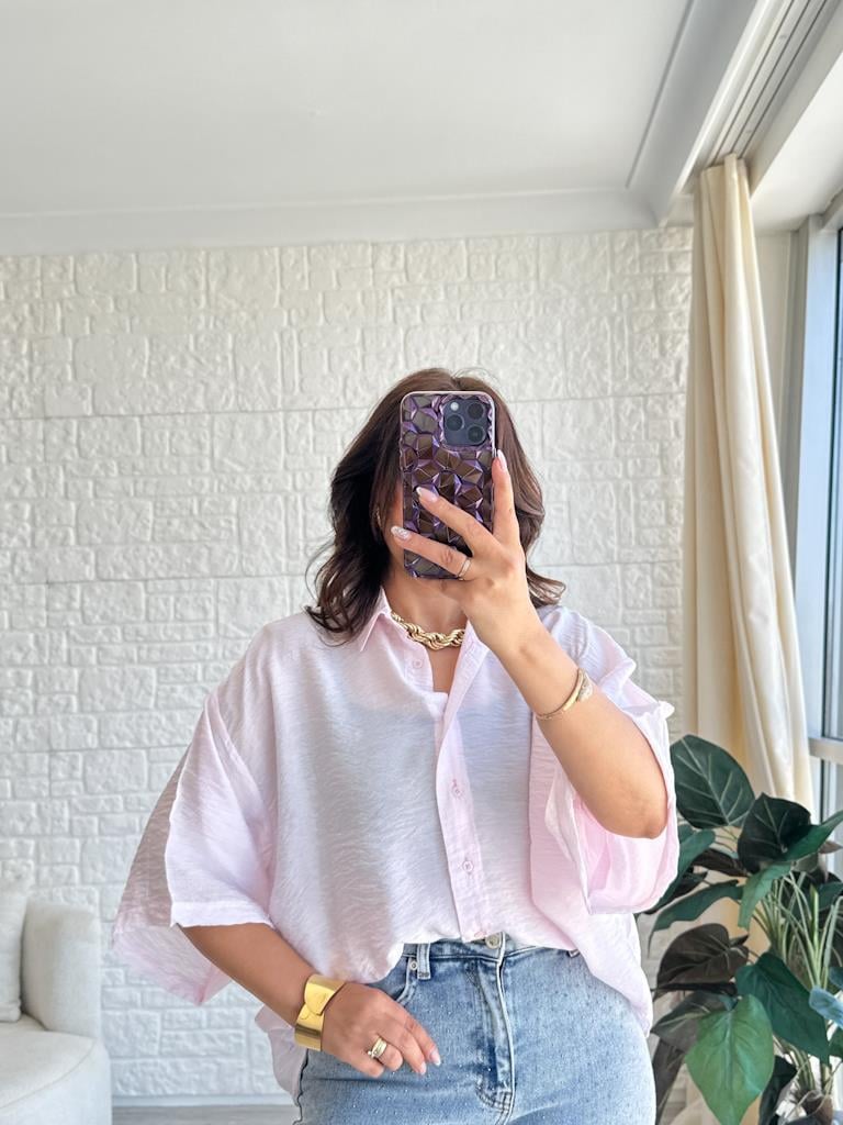 Pembe Oversize Kısa Kol Transparan Tül Gömlek
