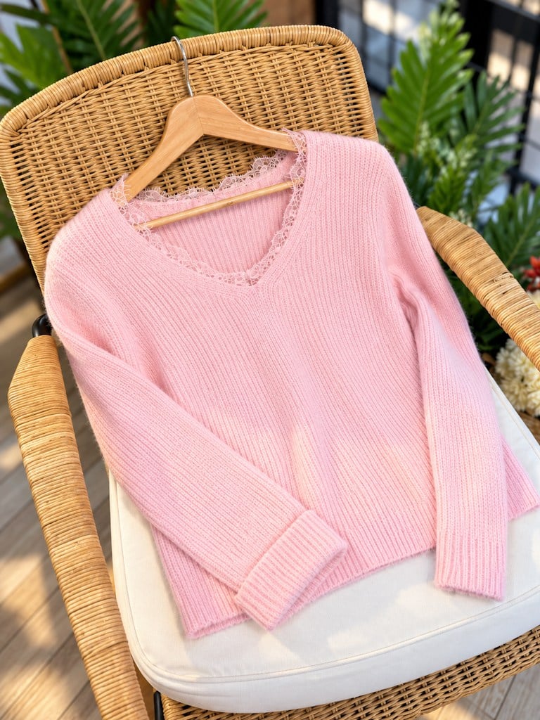 Pembe V Yaka Dantelli Triko Kazak