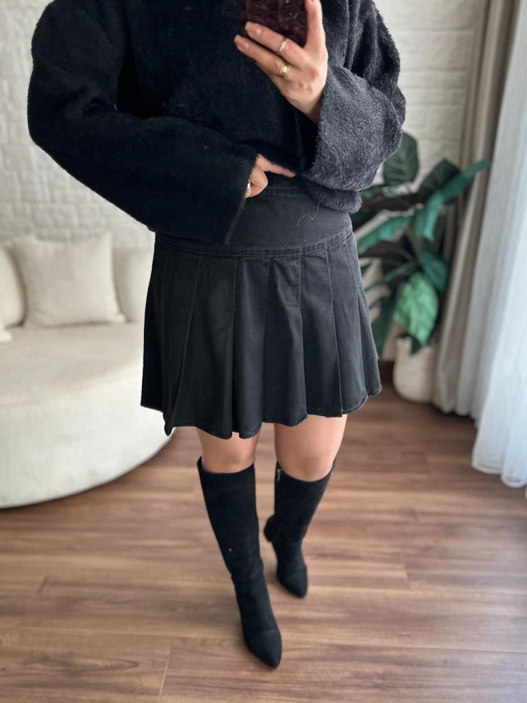 Pileli Jean Mini Etek Antrasit