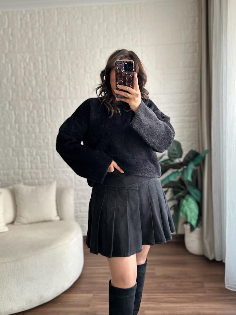 Pileli Jean Mini Etek Antrasit