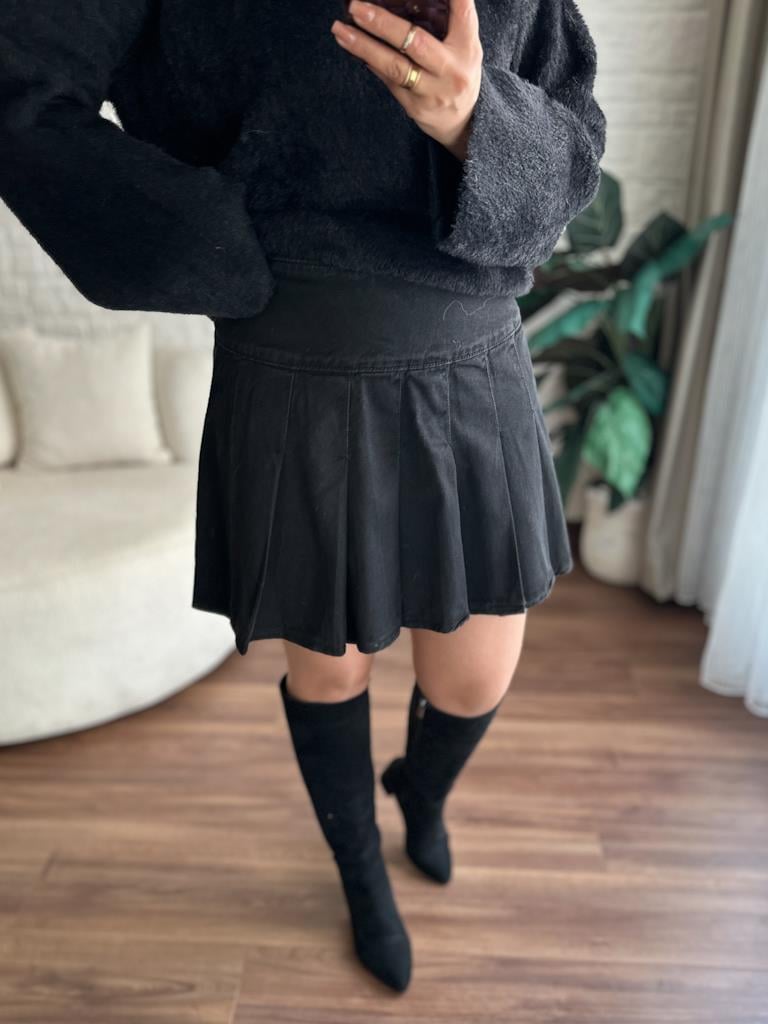 Pileli Jean Mini Etek Antrasit