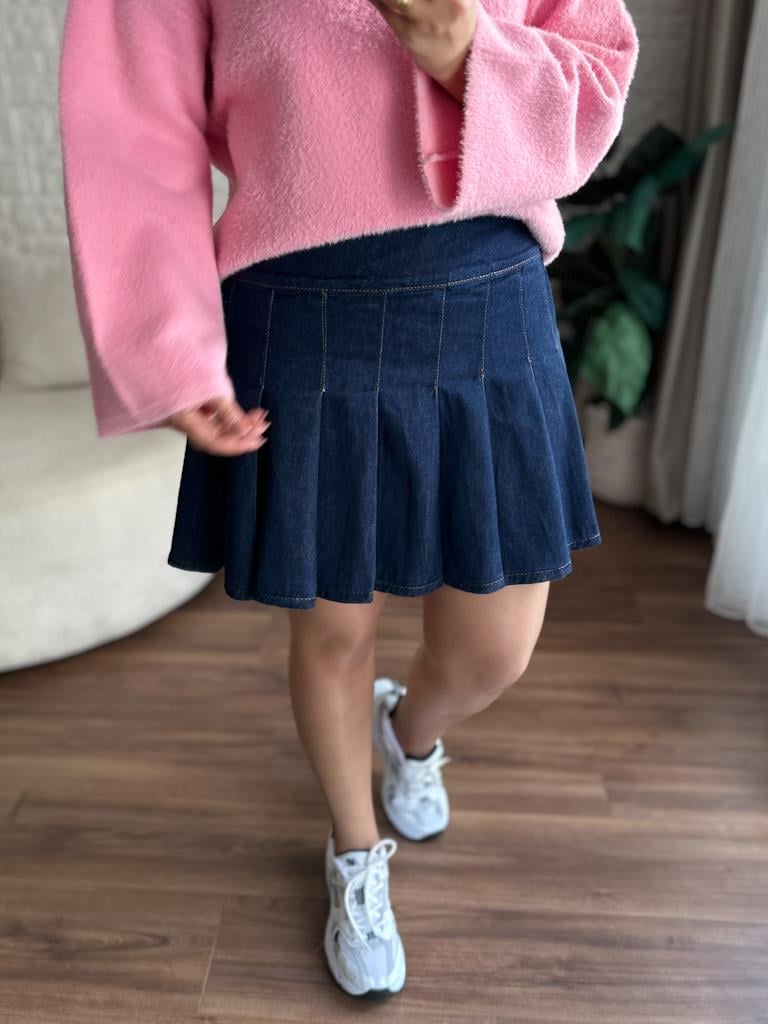 Pileli Jean Mini Etek Lacivert