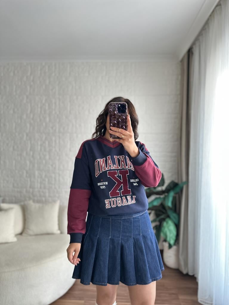 Pileli Jean Mini Etek Lacivert