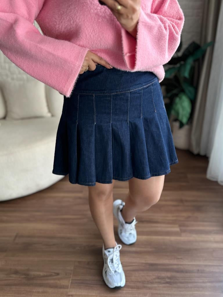Pileli Jean Mini Etek Lacivert