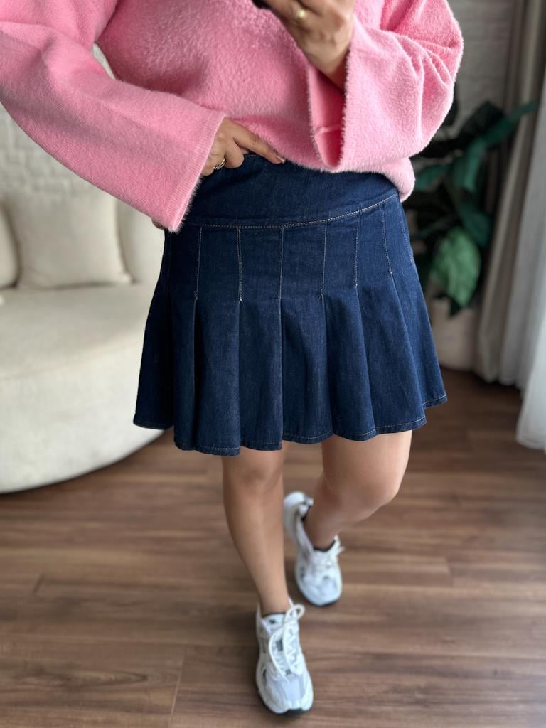 Pileli Jean Mini Etek Lacivert