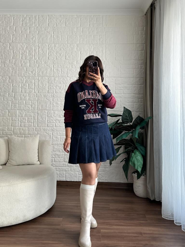 Pileli Jean Mini Etek Lacivert