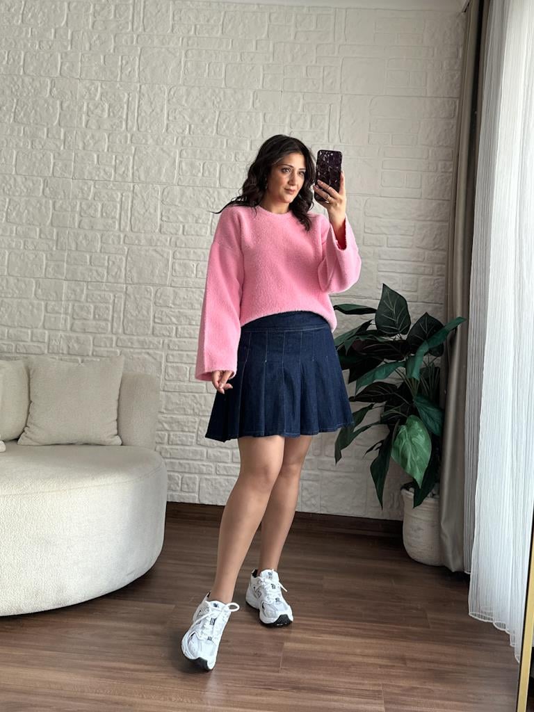 Pileli Jean Mini Etek Lacivert