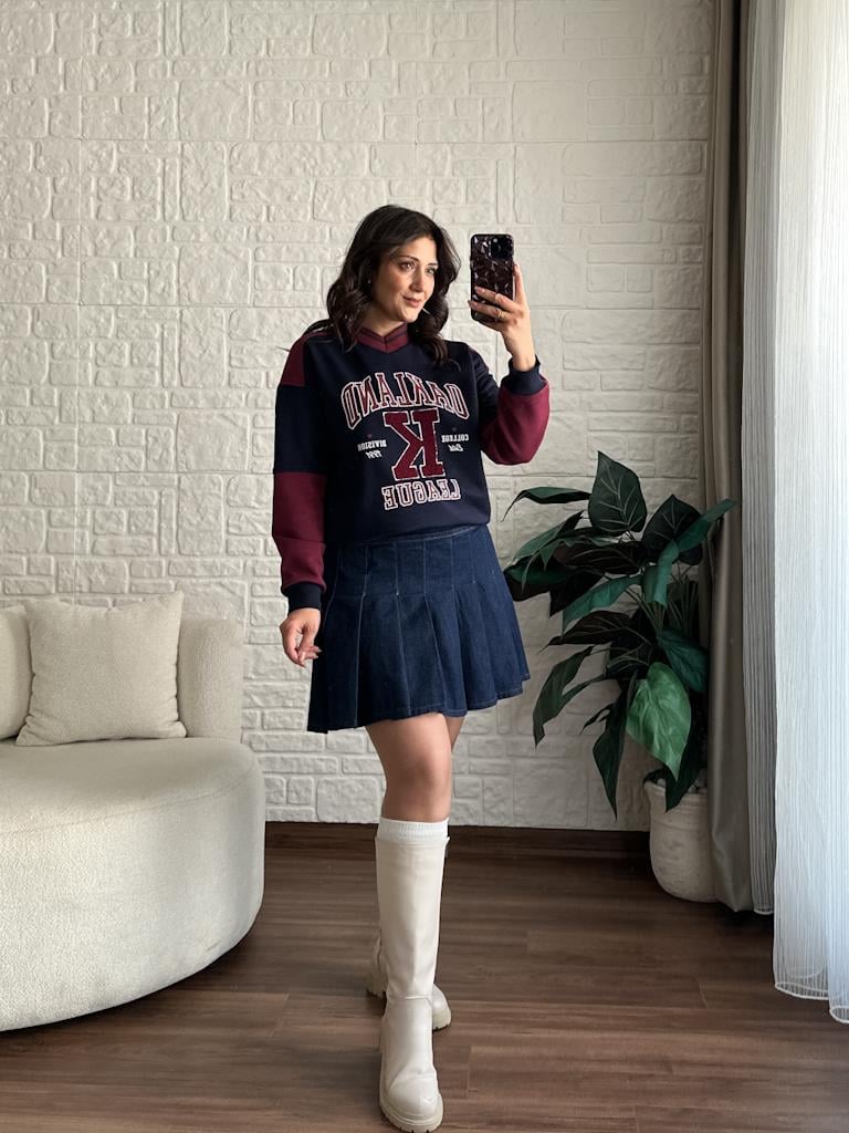 Pileli Jean Mini Etek Lacivert