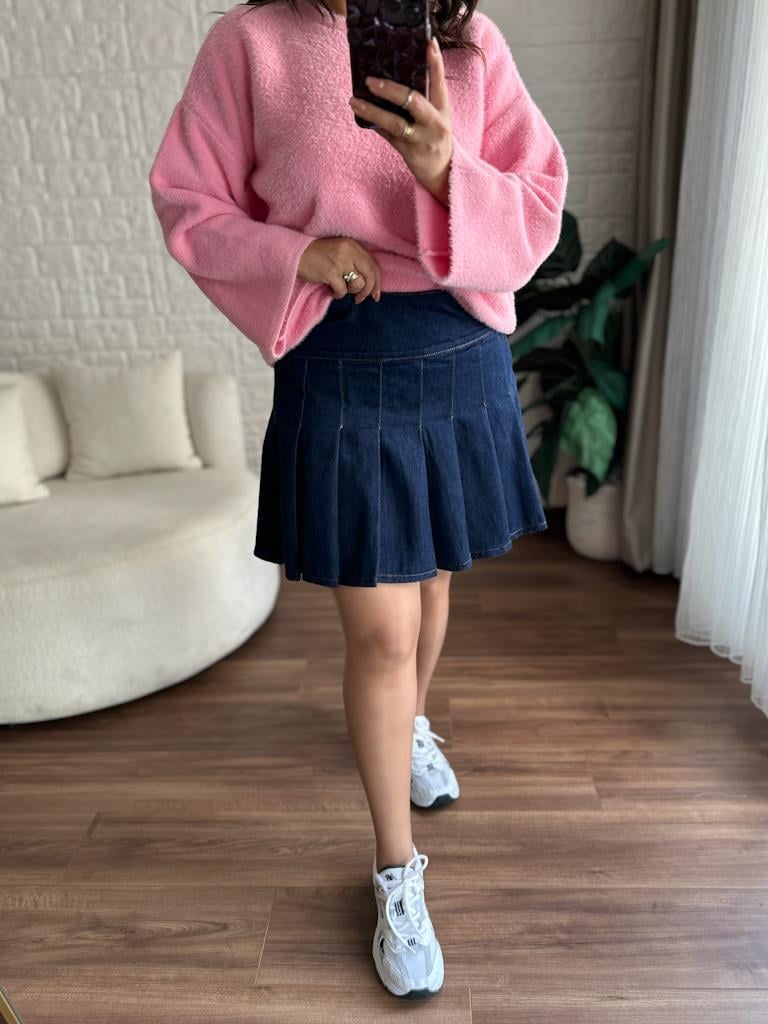 Pileli Jean Mini Etek Lacivert
