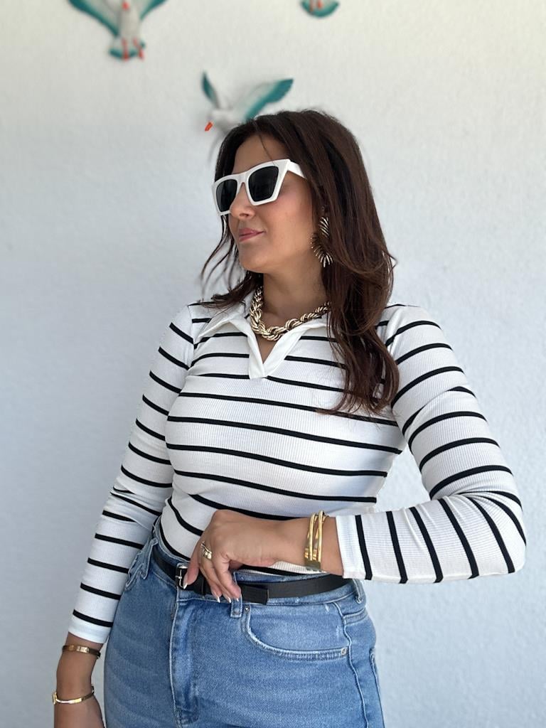 Polo Yaka Ekru Üzeri Siyah Çizgili Kaşkorse Bluz