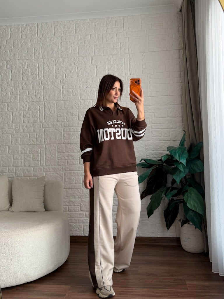 Polo Yaka Houston Baskılı İki İplik Pamuk Sweat Kahverengi