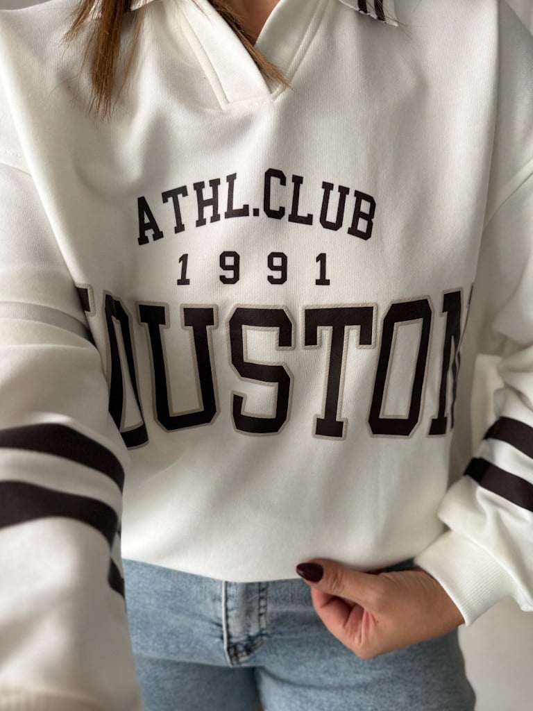 Polo Yaka Houston Baskılı İki İplik Pamuk Sweat Ekru