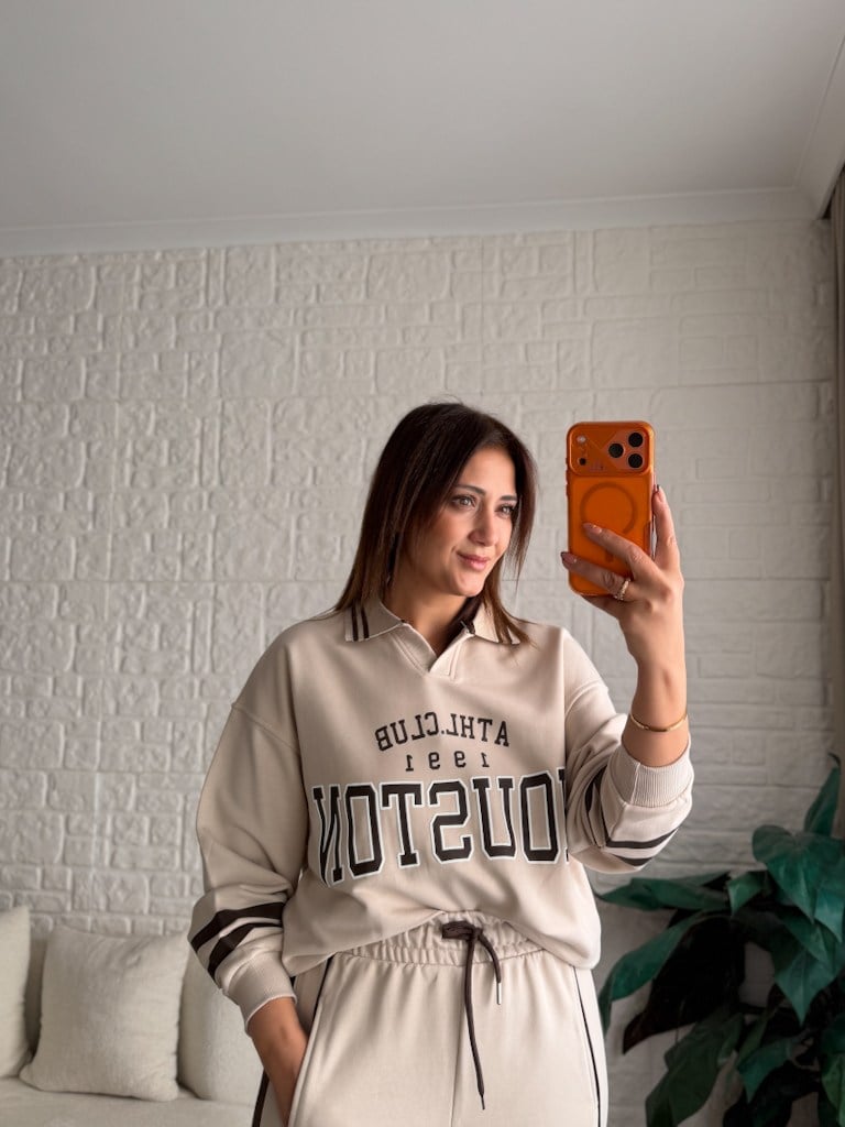 Polo Yaka Houston Baskılı İki İplik Pamuk Sweat Bej
