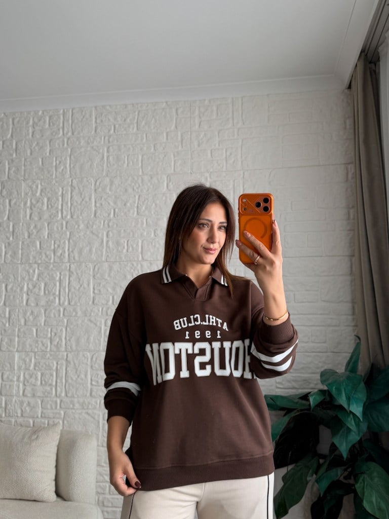 Polo Yaka Houston Baskılı İki İplik Pamuk Sweat Kahverengi