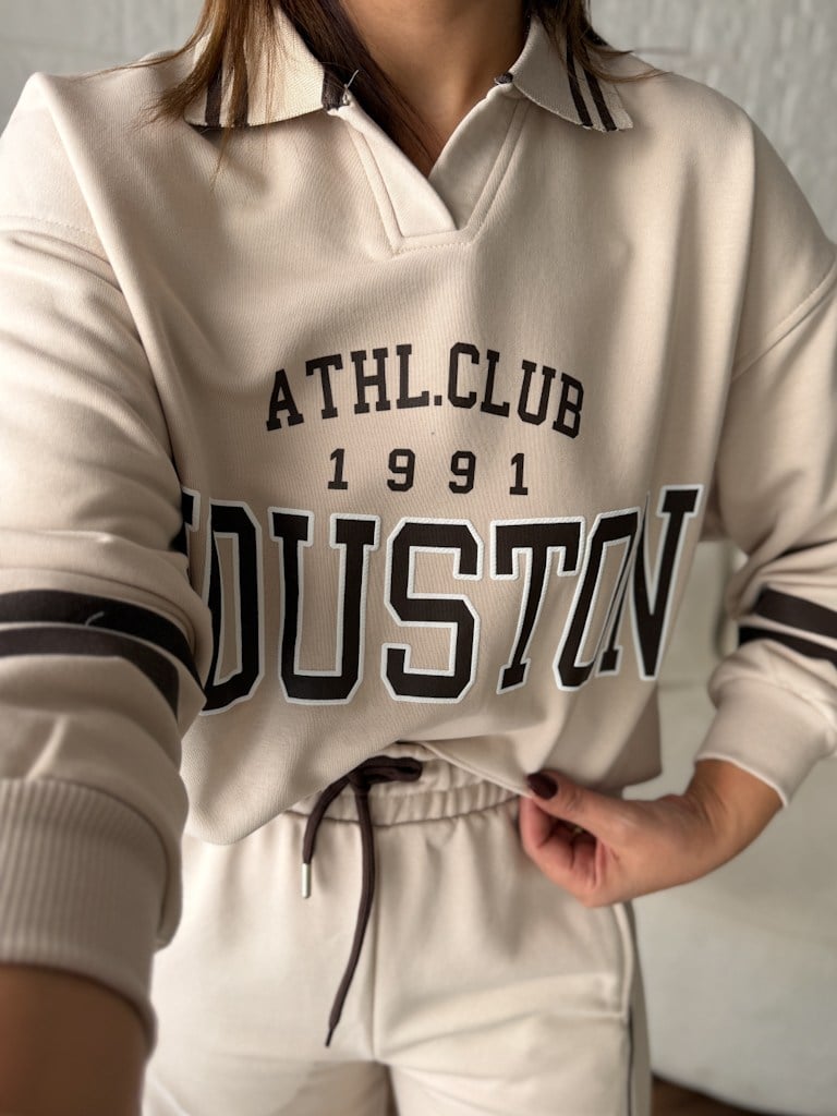 Polo Yaka Houston Baskılı İki İplik Pamuk Sweat Bej