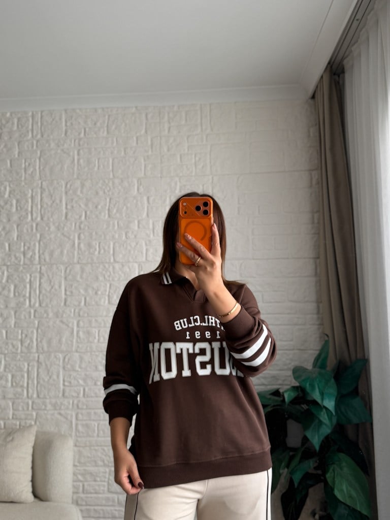 Polo Yaka Houston Baskılı İki İplik Pamuk Sweat Kahverengi
